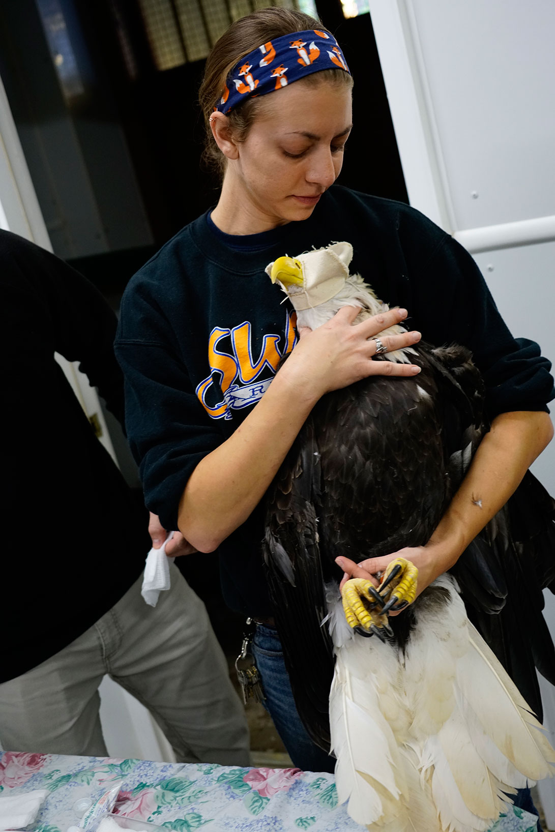 Kayla Jackson cradles an eagle waiting for exam.